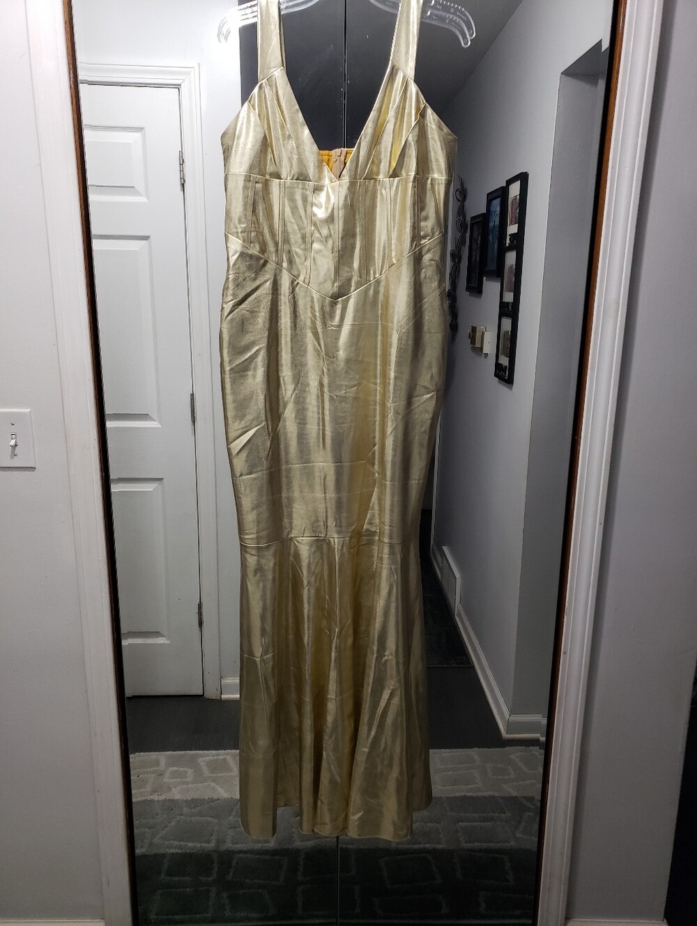 Gold Satin V-Neck Evening Dress